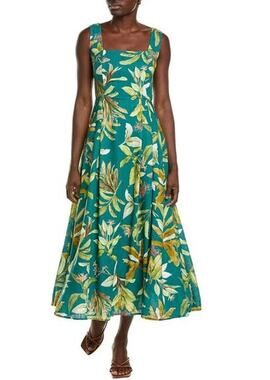 OPT Xela Linen Blend Maxi Dress Floral Square Neck Sleeveless Cottagecore Green